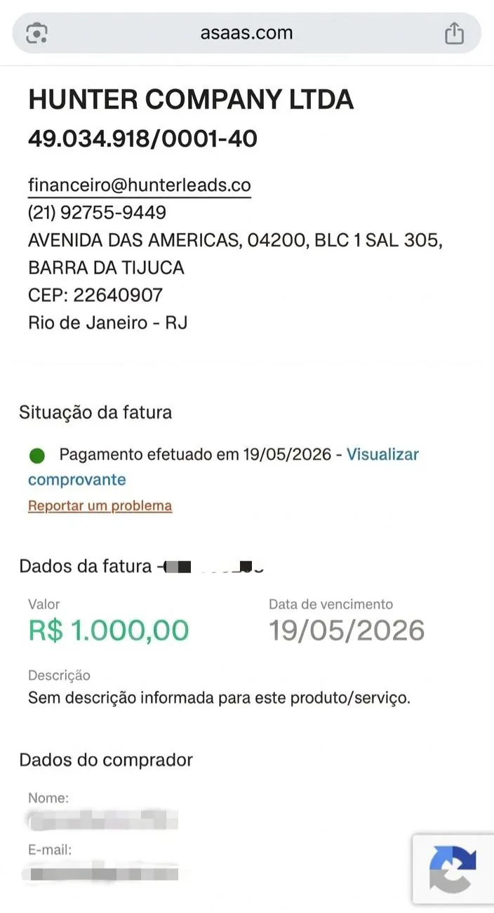 Pagamento de R$ 1.000 recebido, com os dados do comprador ocultados