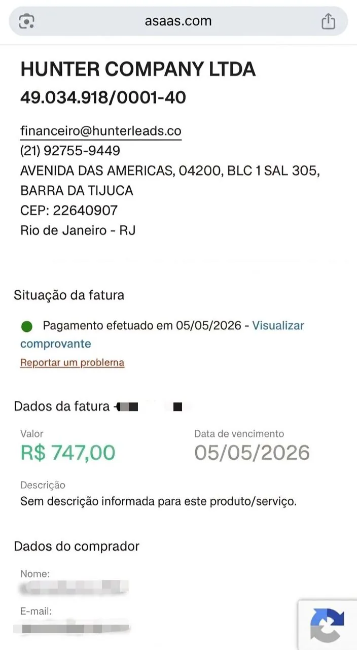 Pagamento de R$ 747 recebido, com os dados do comprador ocultados